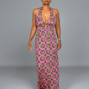 Vintage Halter Maxi Dress Pink Acrylic Floral Print Garden Coverup Hippie Small